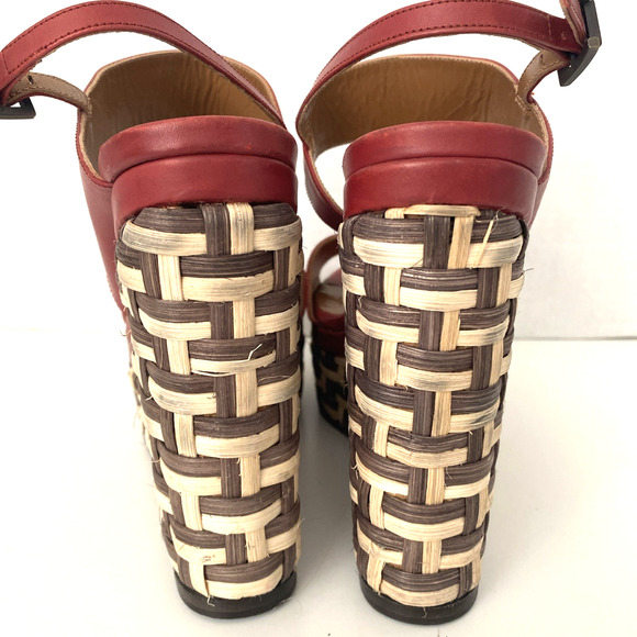 Aquatalia Carmela Sandal Espadrille Wedge Heel Red Leather Buckle Platform 8 - Picture 7 of 10